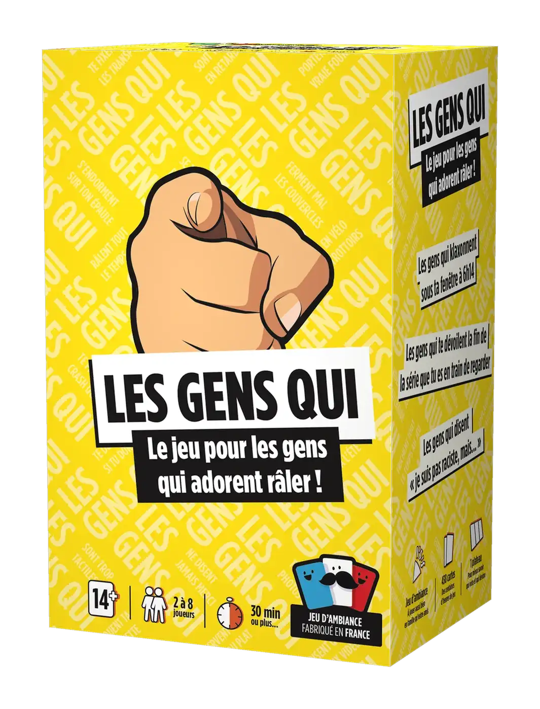 Boîte jaune du jeu Les Gens Qui, une main pointe du doigt au-dessus du logo et de la baseline