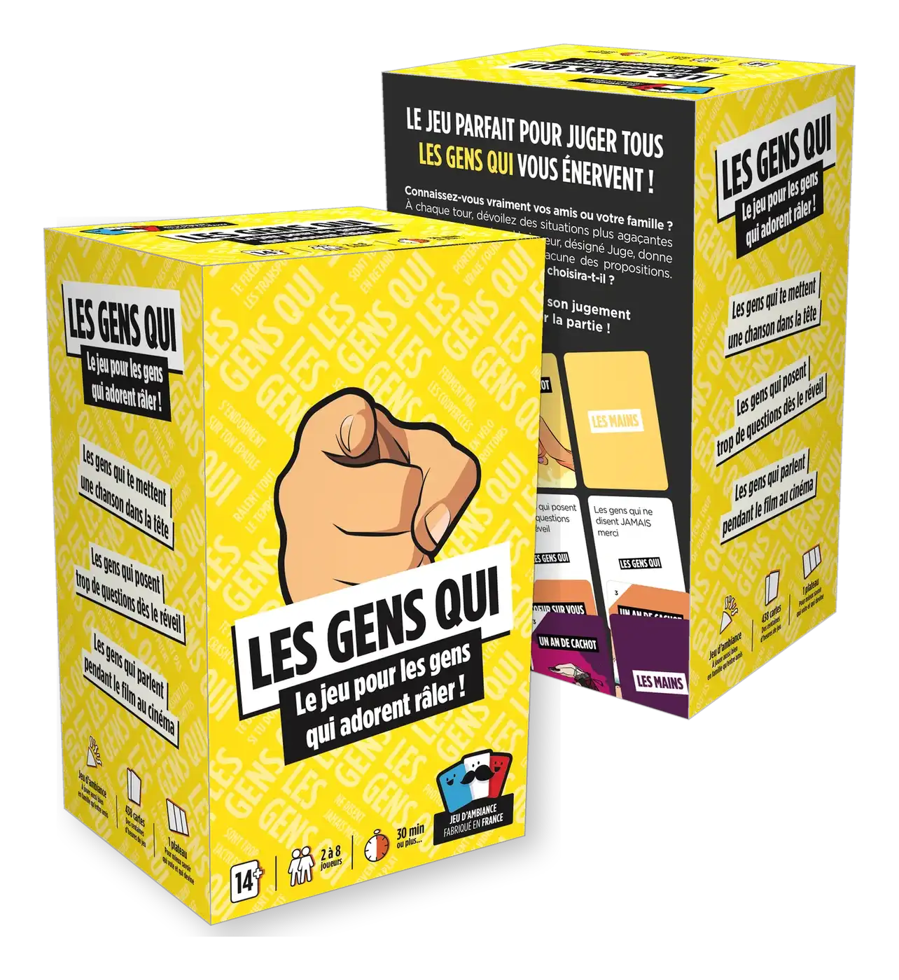 Face et dos de la boîte Les Gens Qui, avec des exemples de cartes imprimés sur les côtés