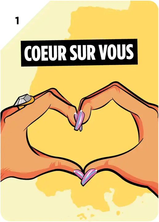 Carte Main n° 1 « Cœur sur vous » : deux mains aux ongles roses forment un cœur sur fond jaune