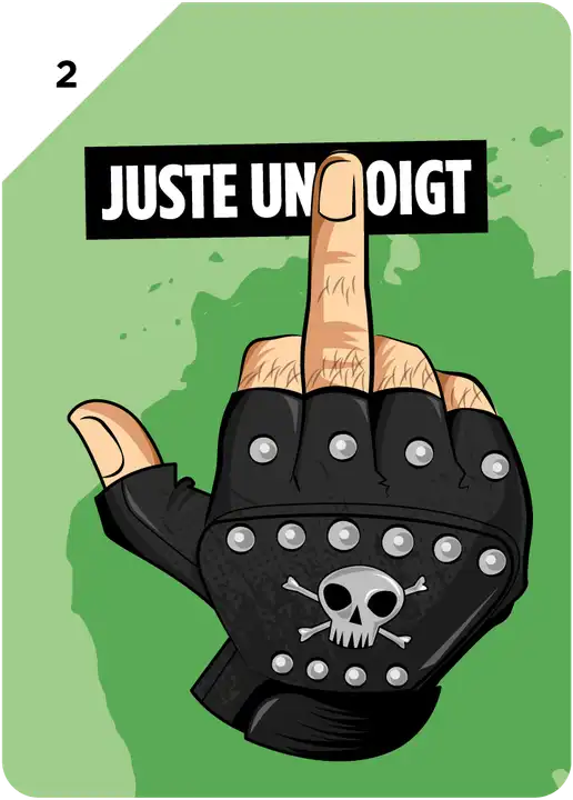 Carte Main n° 2 « Juste un doigt » : une main en mitaine de cuir cloutée lève le majeur
