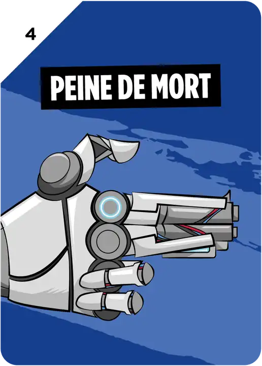 Carte Main n° 4 « Peine de mort » : une main de robot mime un pistolet sur fond bleu