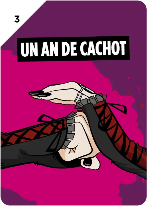 Carte Main n° 3 « Un an de cachot » : deux poignets gothiques liés par un ruban, comme menottés