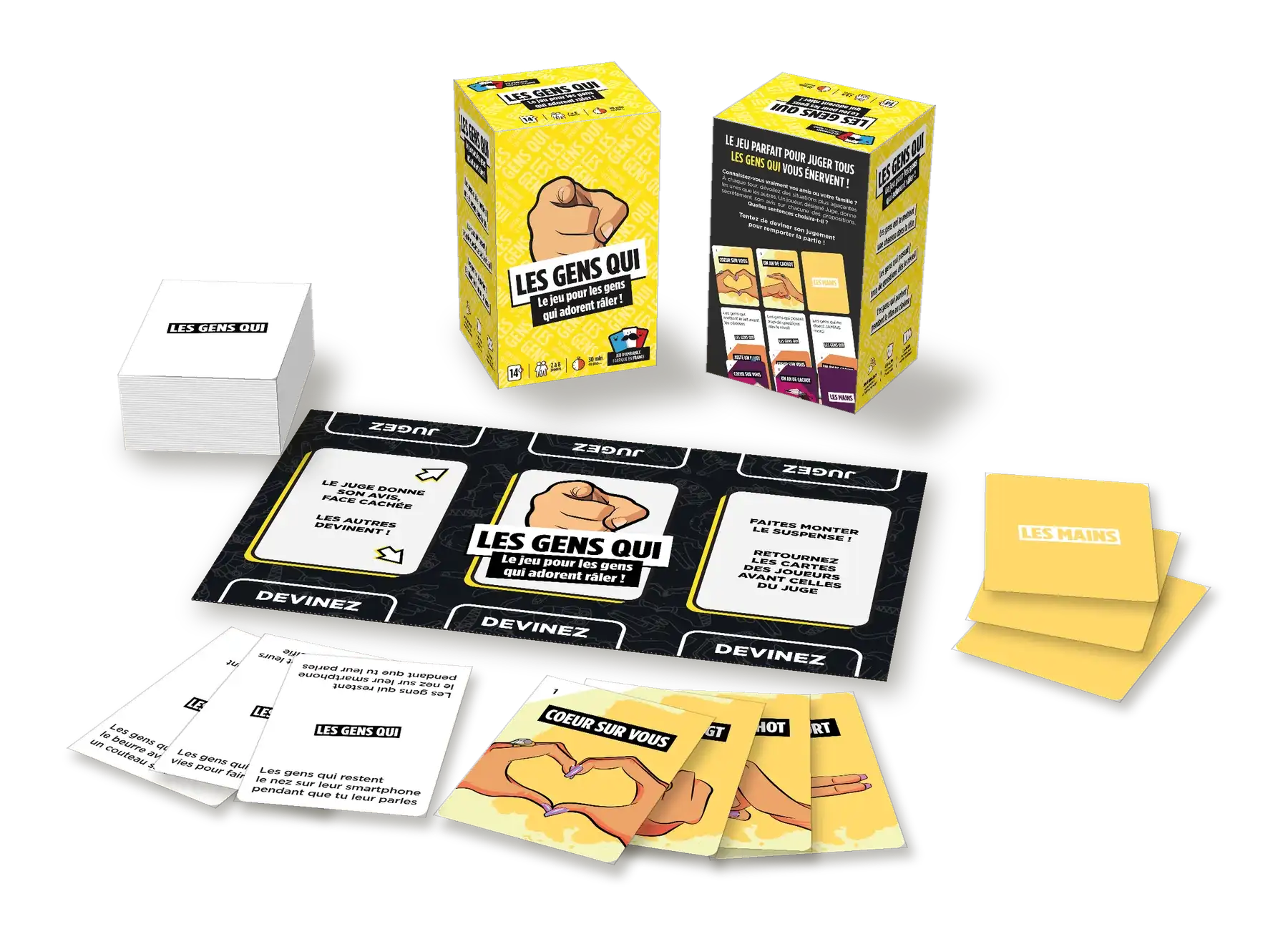 Le contenu du jeu Les Gens Qui : la boîte, le plateau du Juge, les cartes « Les gens qui » et les cartes Mains